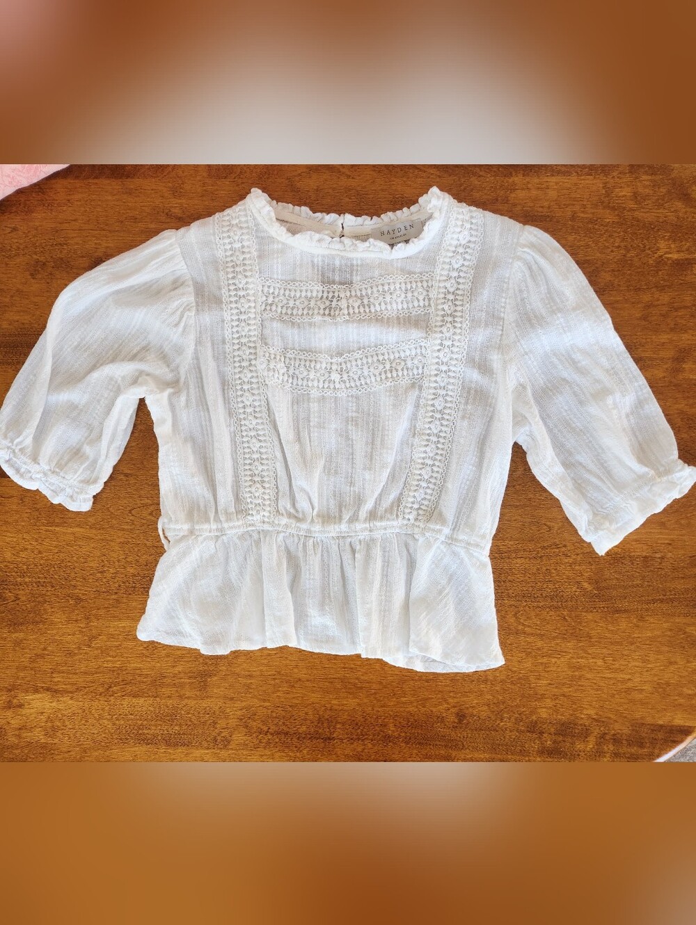Cottage Core White Lace-Trim Peasent Blouse 100% Cotton size Medium GUC